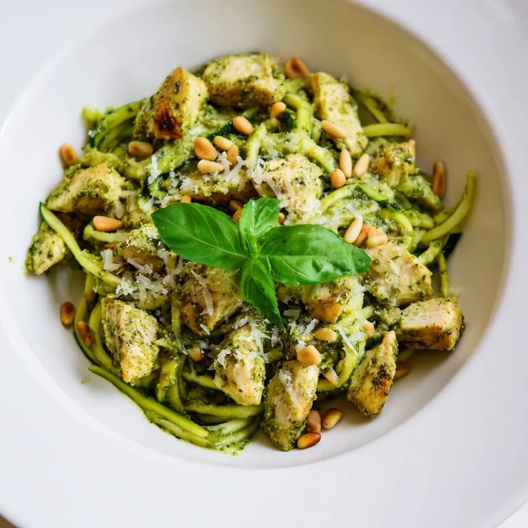 Bright pesto zucchini chicken bowl garnished with toasted pine nuts, shaved Parmesan, and fresh basil leaves for extra Mediterranean flavor.