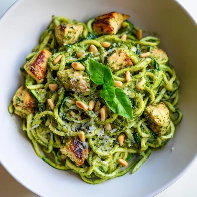 Golden sautéed chicken and crisp zucchini noodles coated in lemony pesto, served hot in a bowl for a satisfying low-carb dinner.