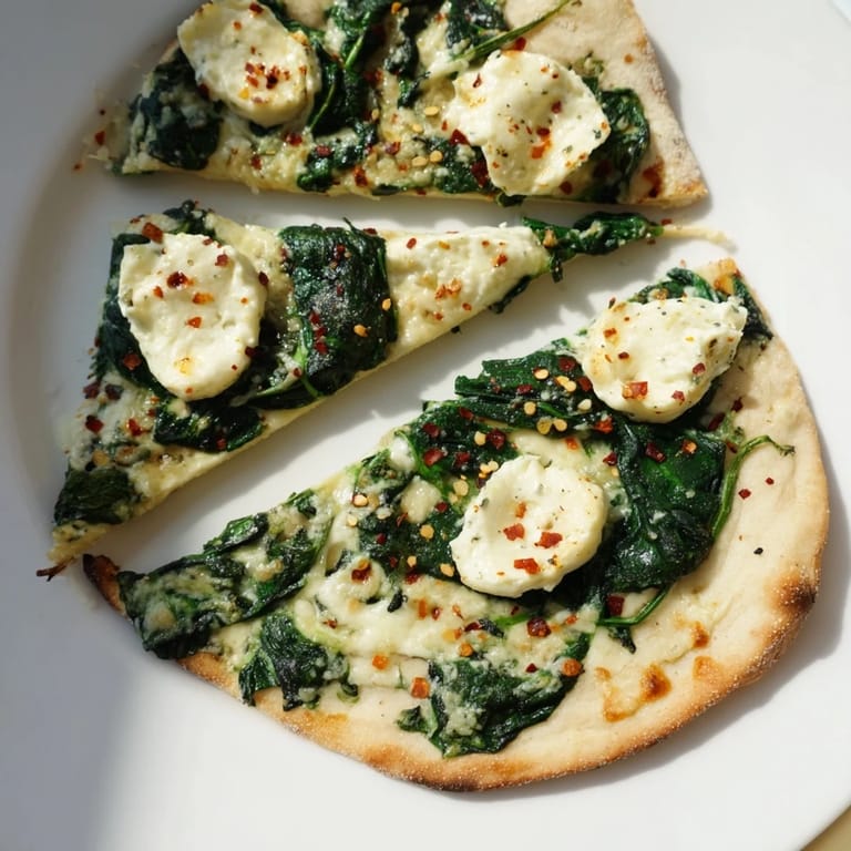 Homemade spinach ricotta pizza on a parchment-lined tray, topped with fresh spinach and parmesan, ready to serve.