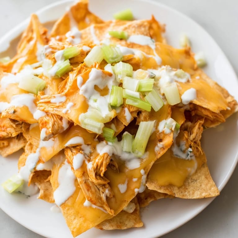 A generous serving of spicy Buffalo Chicken Nachos drizzled with cool ranch, finished with fresh cilantro for a colorful appetizer.