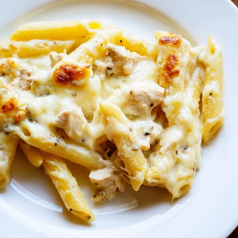 Golden-brown Chicken Alfredo Casserole garnished with parsley, served for a family meal.  