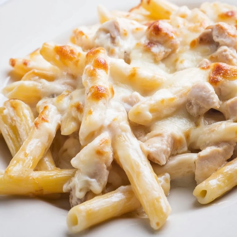 Close-up of creamy Chicken Alfredo Casserole topped with melted mozzarella, perfect weeknight dinner.