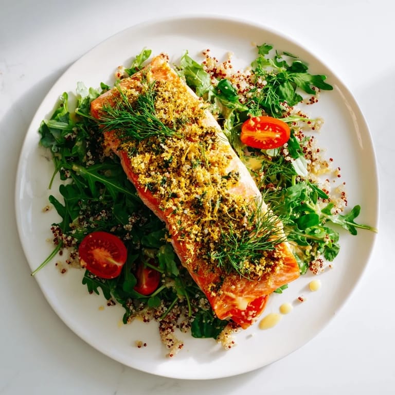 Close-up of Lemon Herb Salmon Salad, showcasing tender salmon, fluffy quinoa, tomatoes, cucumber, and a bright lemony dressing.