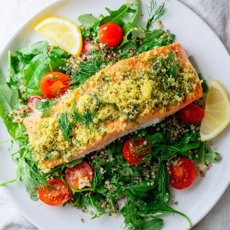 Served Lemon Herb Salmon Salad plated with warm salmon fillets, mixed greens, and fresh herbs, perfect for a light, gluten-free main.