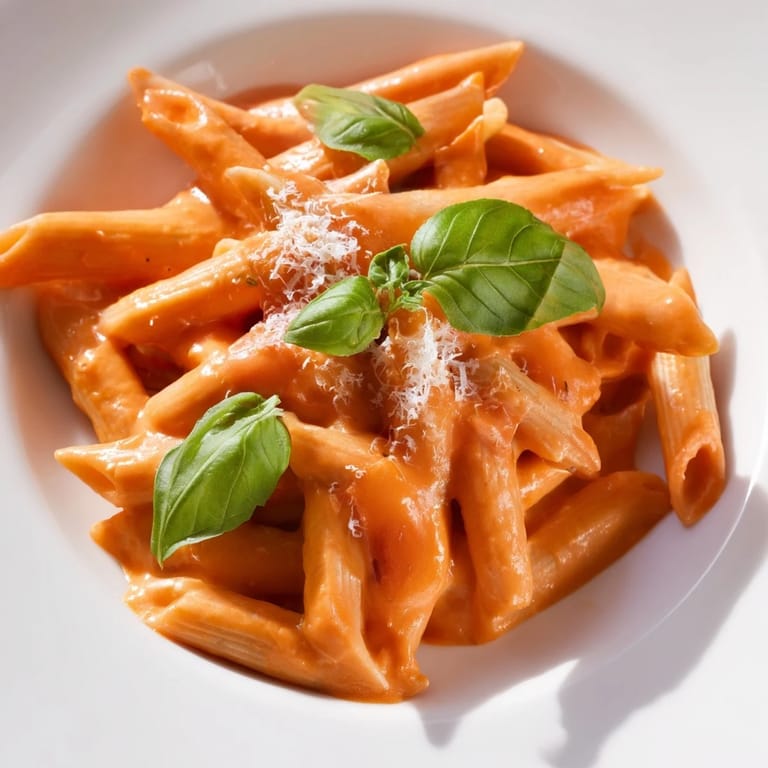 Vibrant roasted red pepper pasta served in a skillet with garlic and a sprinkle of Parmesan.