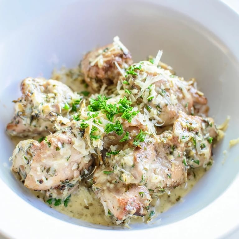 Tender Creamy Garlic Chicken Bites served over steamed rice, garnished with fresh parsley and ready to eat.