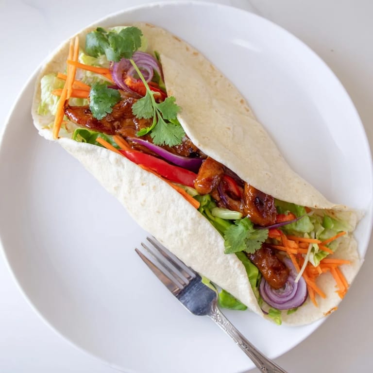 Colorful Honey Sriracha Chicken Wrap on a plate, ready to eat with lime wedges for a bright finishing touch.