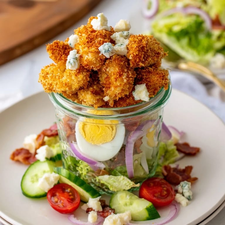 The Crispy Chicken Cobb Jar Salad showcases vibrant romaine lettuce, diced avocado, and tangy blue cheese in a clear mason jar.  