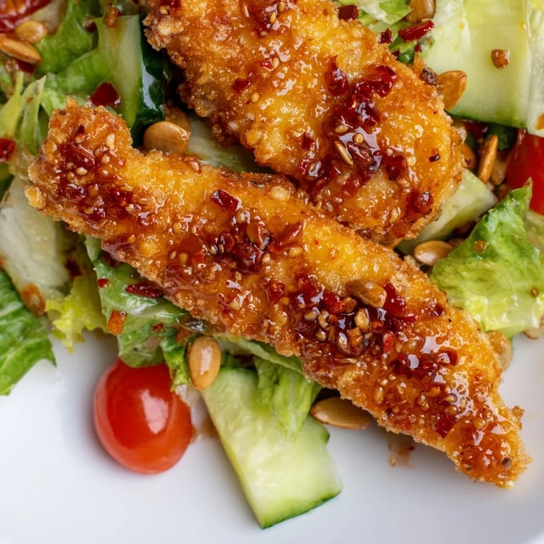 Crispy Hot Honey Chicken Salad features crunchy panko-coated chicken and a bold hot honey glaze on fresh greens.  
