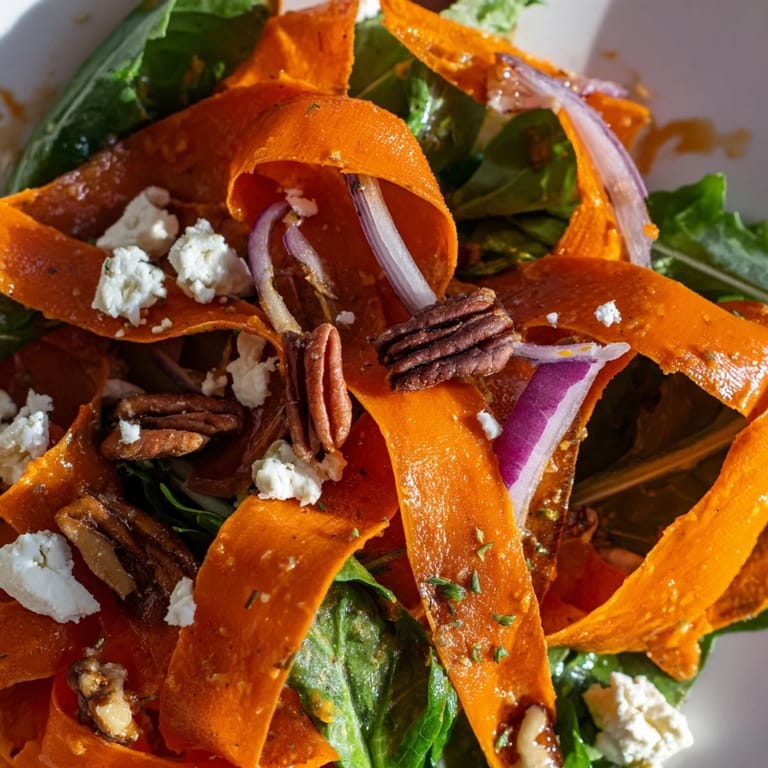 Golden, oven-roasted carrot ribbons topped with crunchy pecans and a honey-mustard vinaigrette drizzle.