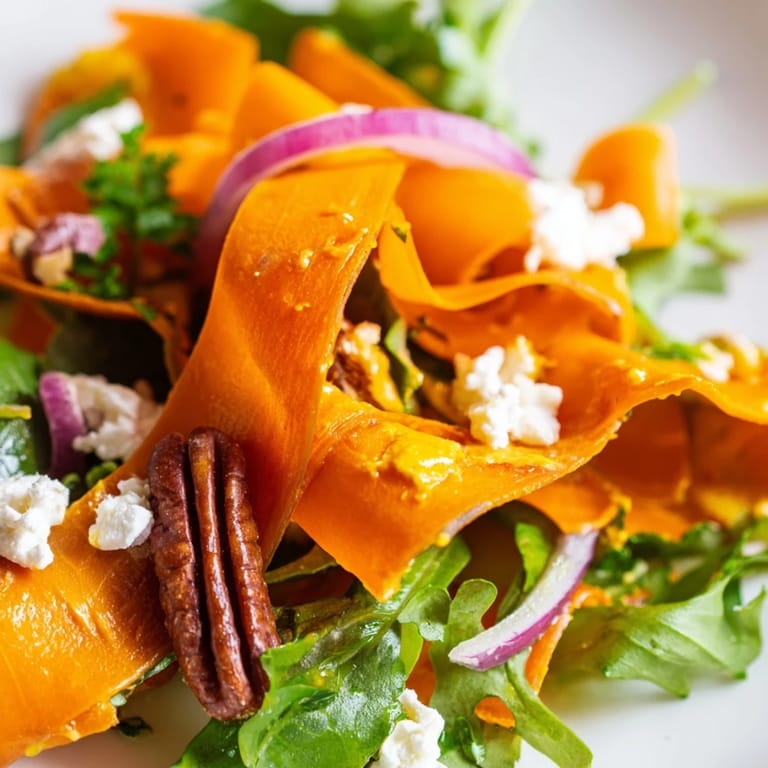 Vibrant roasted carrot ribbon salad served on a white plate, ready for a vegetarian dinner.
