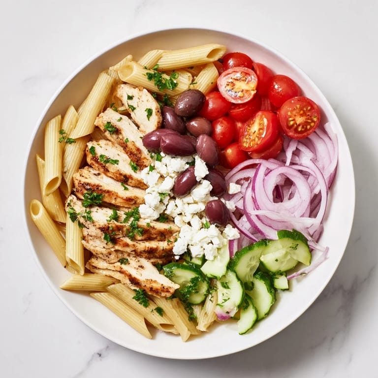 Sliced grilled chicken atop Greek Chicken Pasta Bowl with cherry tomatoes, cucumbers, olives, and feta cheese.