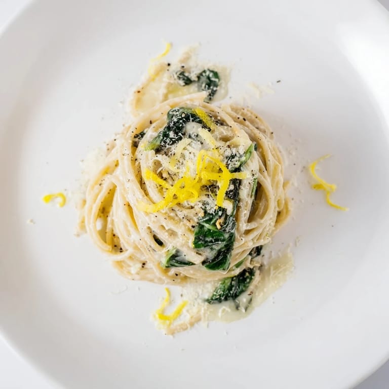 Fork-ready Creamy Lemon Spinach Spaghetti tossed with wilted spinach and garlic, plated alongside a glass of chilled white wine.
