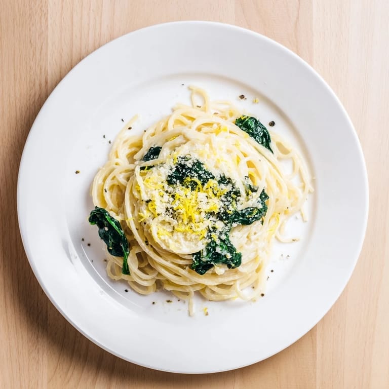 Steam rises from a warm bowl of Creamy Lemon Spinach Spaghetti, highlighting bright lemon zest and freshly ground black pepper.