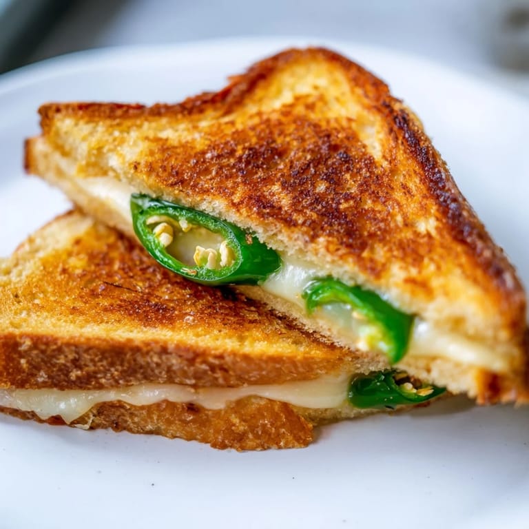 Toasted sourdough sandwich with melted Havarti and spicy jalapeños, served warm on a rustic wooden plate.