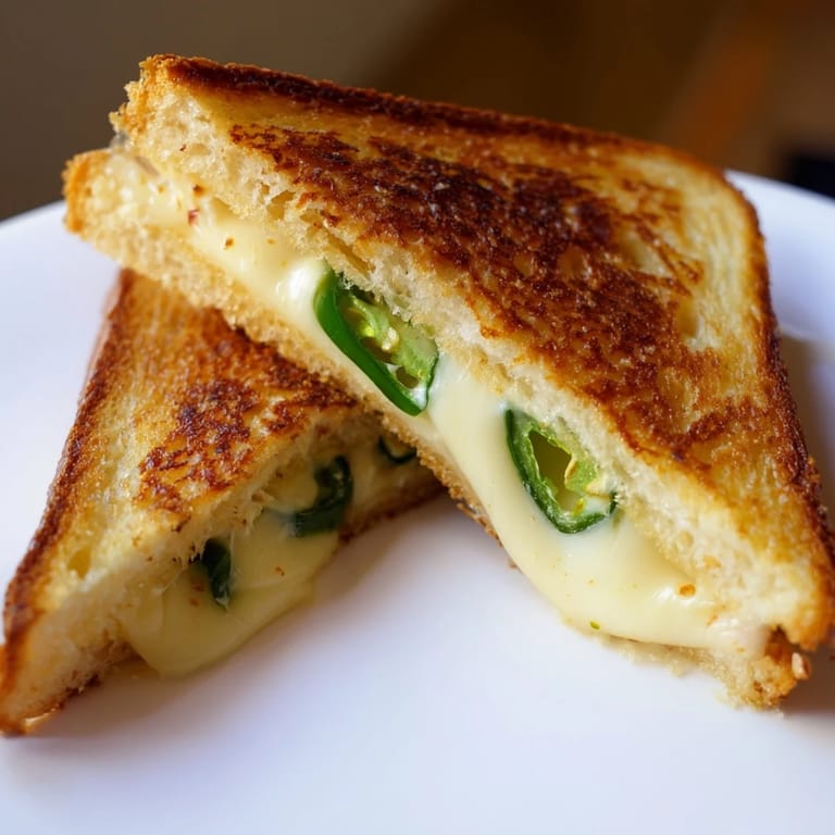 A close-up of a golden-brown grilled cheese with creamy Havarti and spicy jalapeño slices on sourdough bread.  