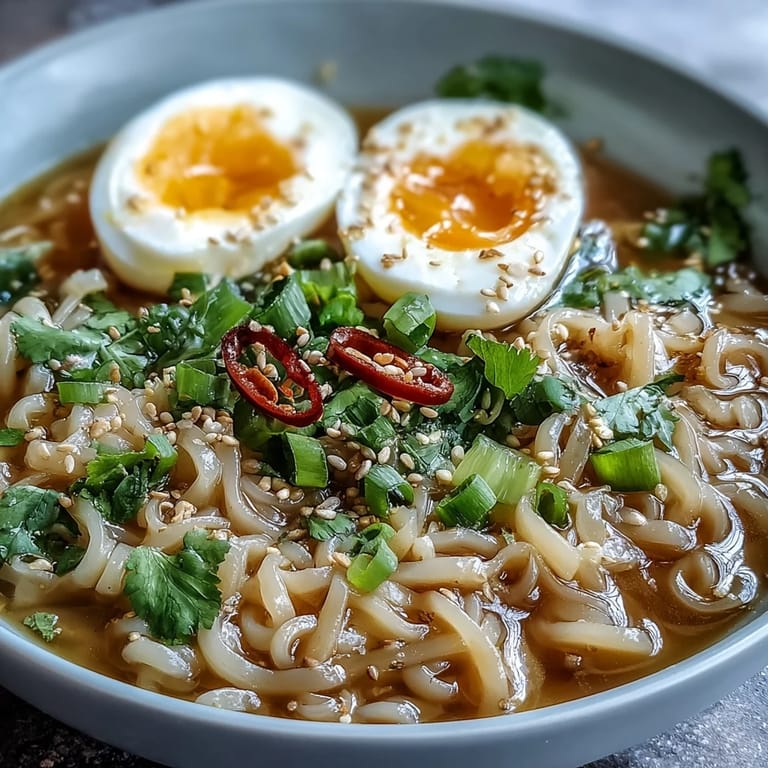Shirataki noodles in a savory ginger-soy broth, garnished with fresh green onions, red chili slices, and toasted sesame seeds.