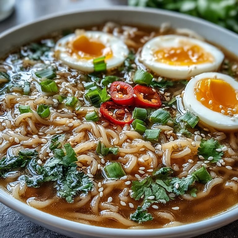 A close-up of shirataki noodles and aromatic bone broth, featuring a soft-boiled egg and fresh herbs for a low-carb meal.