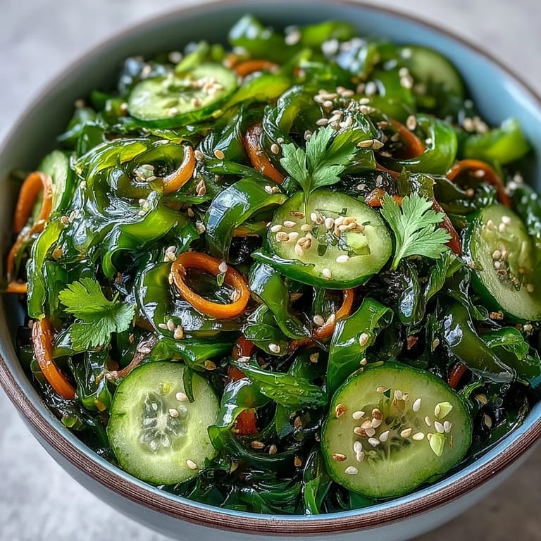 Colorful seaweed salad, a refreshing vegan side, topped with toasted sesame seeds.