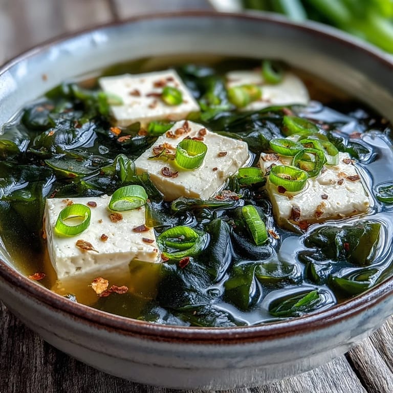 Brothy Wakame Soup with soft tofu, a quick and healthy Japanese starter.