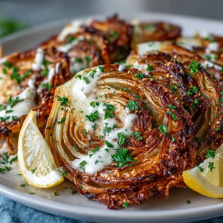 Beautifully browned, oven-roasted cabbage steaks finished with zesty tahini dressing.