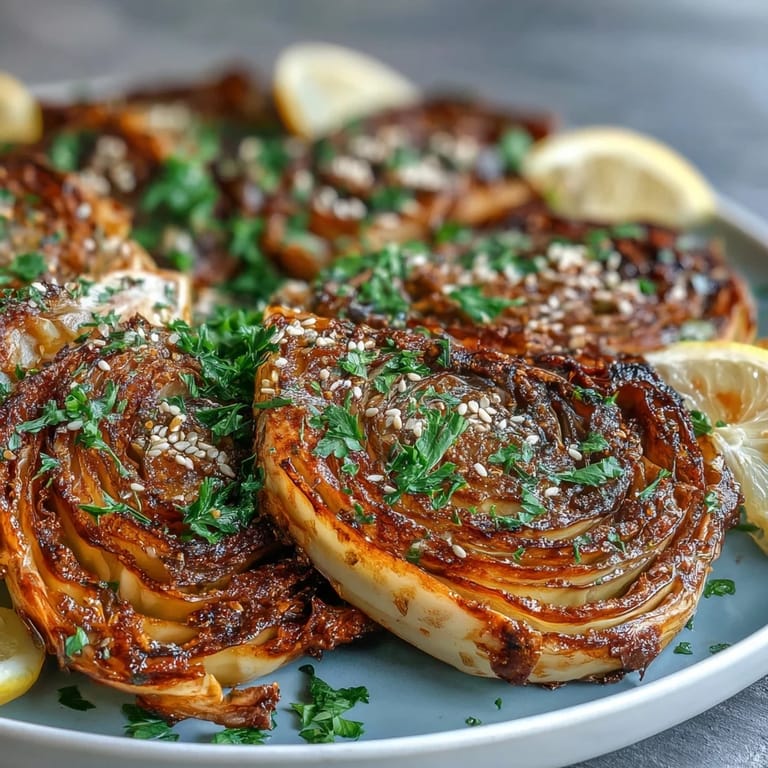 Tender, air-fried cabbage steaks topped with nutty tahini, perfect side dish.
