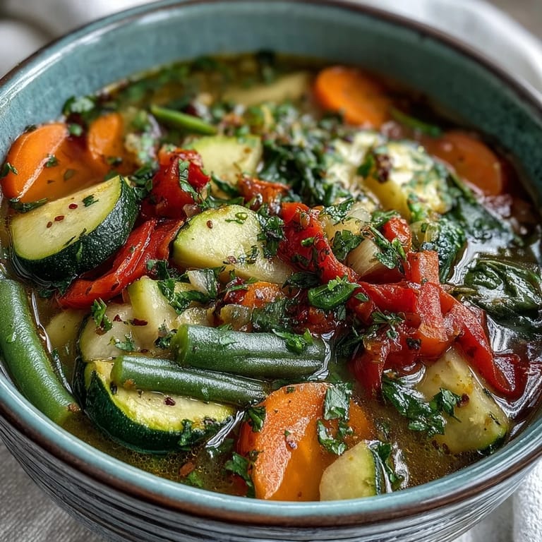 Fresh basil and parsley garnish this hearty Italian Herb Vegetable Soup, steaming in a rustic ceramic bowl for a comforting meal.