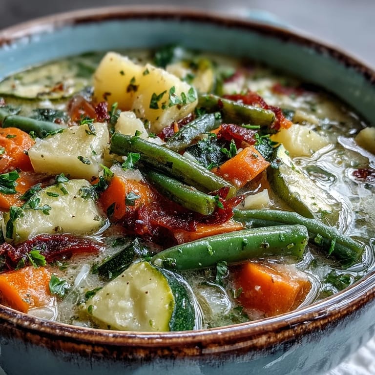 Hearty Parmesan Veggie Soup in a rustic bowl with crusty bread on the side for dipping into the savory broth.