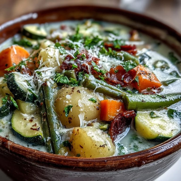 A close-up of colorful vegetable ingredients and melted Parmesan cheese in a warm bowl of Parmesan Veggie Soup.
