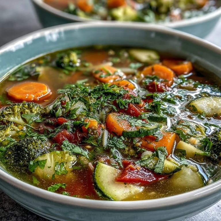 Steaming bowls of homemade Ginger Vegetable Soup garnished with fresh cilantro and a drizzle of sesame oil.  