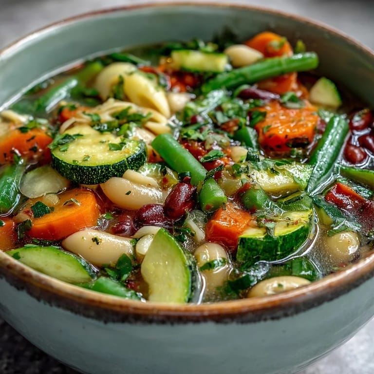 A comforting pot of hearty Vegetable Minestrone Variations simmering on the stove, showcasing diced carrots, zucchini, and green beans in a rich tomato-based broth.