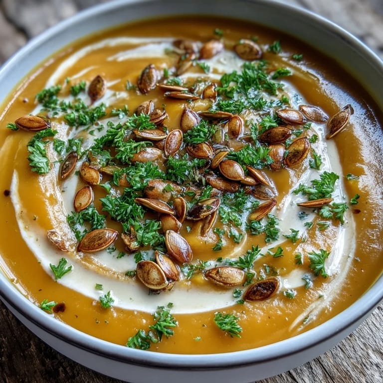 Homemade Pumpkin Soup in a white bowl, garnished with fresh herbs and a swirl of cream.