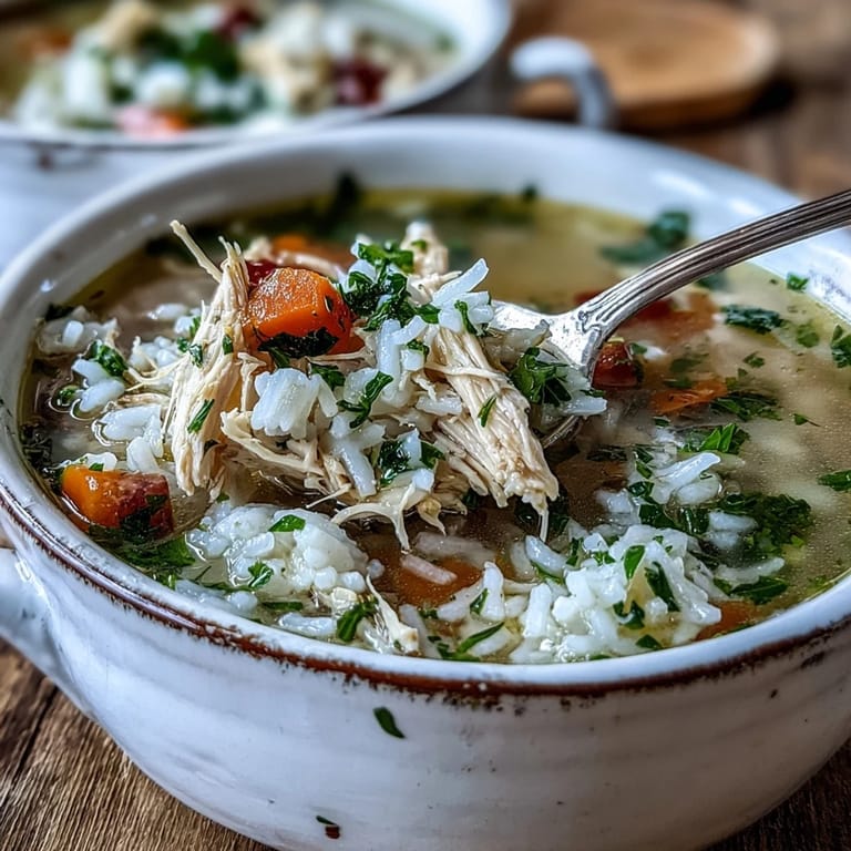 Homemade Cozy Winter Chicken and Rice Soup simmering in a pot, featuring aromatic vegetables and fresh parsley garnish for a warming meal.