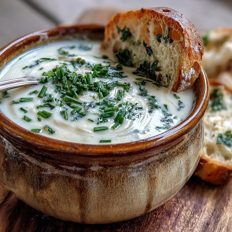 A steaming pot of Roasted Garlic and Herb Soup with a ladle, fresh thyme, and a roasted garlic bulb beside it.