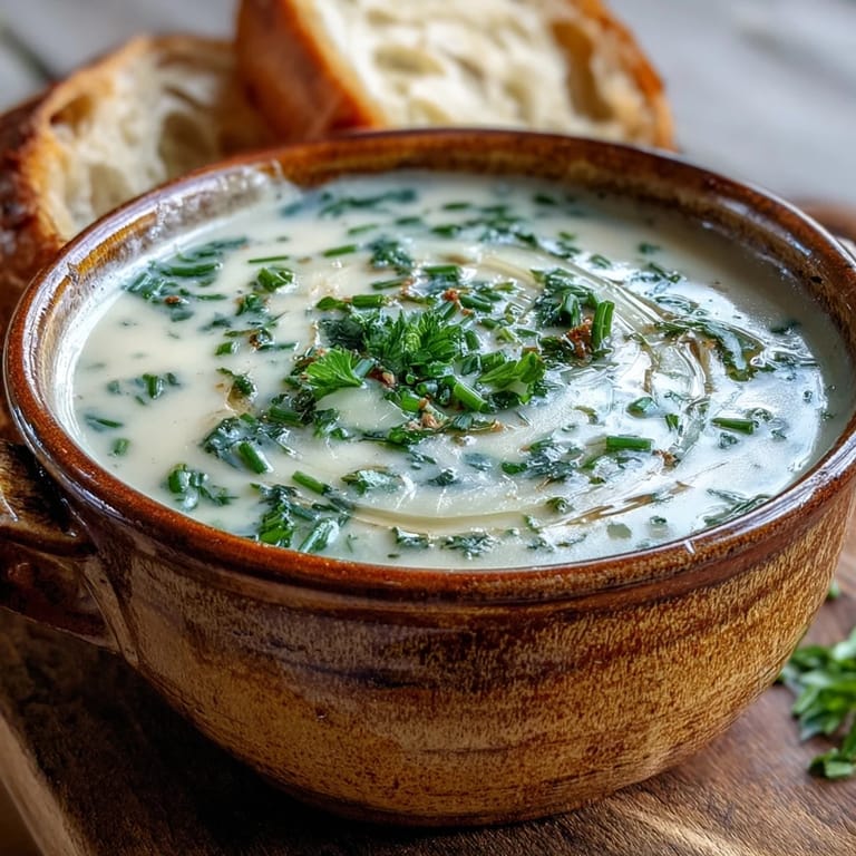 Close-up of Roasted Garlic and Herb Soup, showing its creamy, golden-orange texture from deeply roasted garlic and herbs in a white bowl.