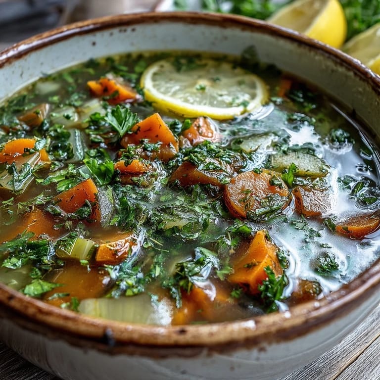 A close-up of a spoon lifting a ladle of Lemon Herb Soup with carrots and celery.