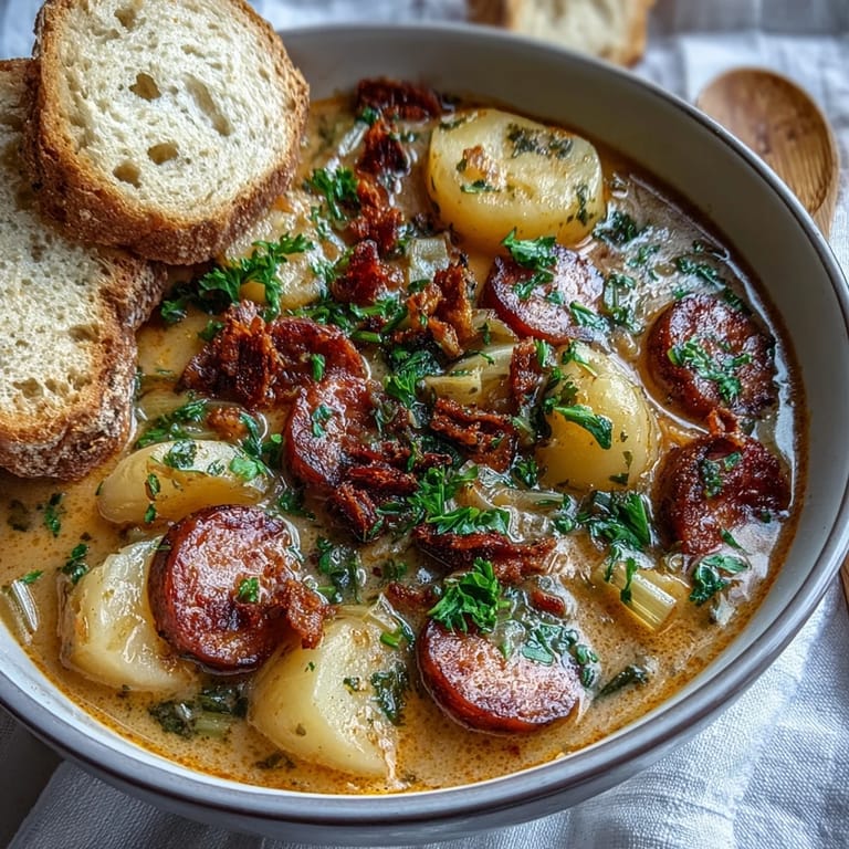 Steaming Potato, Leek and Chorizo Soup features golden potatoes, tender leeks, and smoky chorizo, ready to enjoy with a slice of bread.