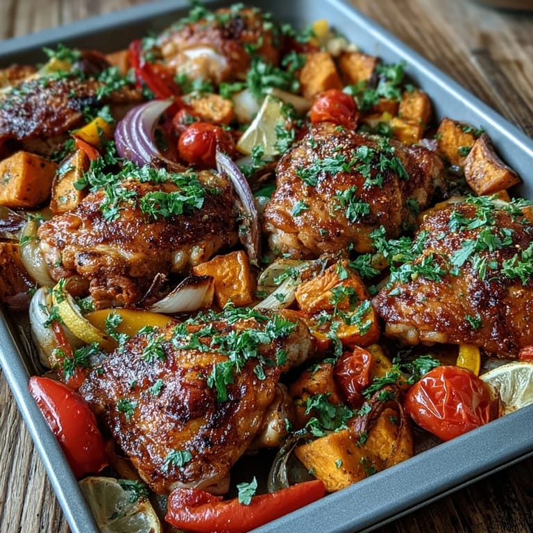 A close-up of crispy-skinned chicken and tender red bell peppers in a one-pan Chicken and Sweet Potato Traybake.