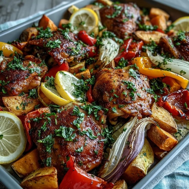 Ready-to-eat Chicken and Sweet Potato Traybake topped with cherry tomatoes and lemon wedges, served alongside a fresh salad.