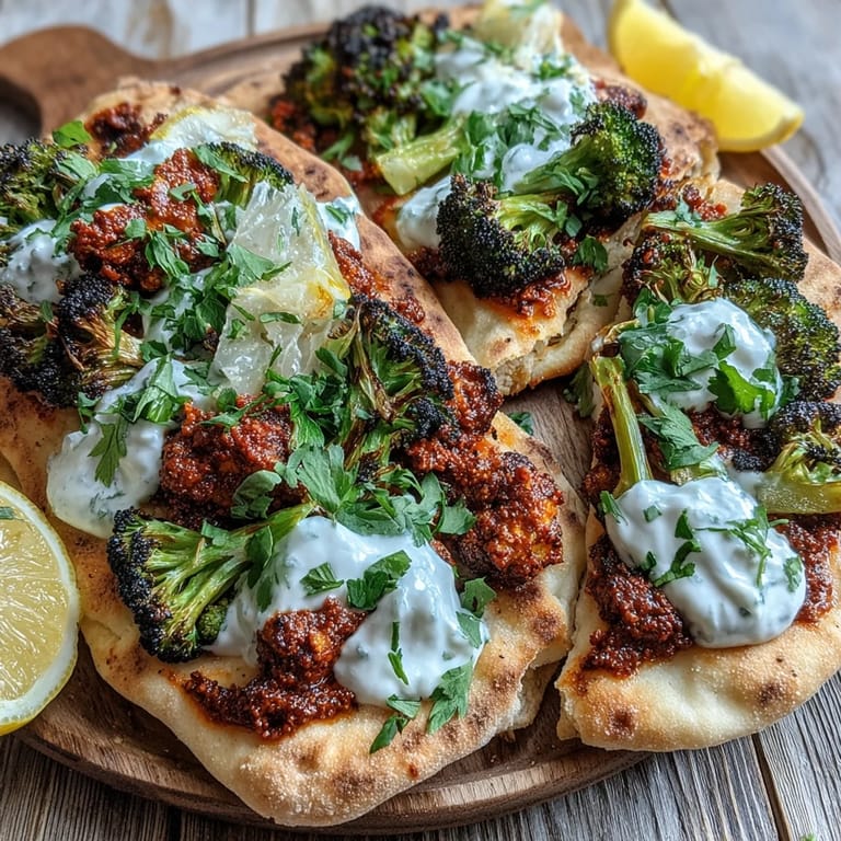 Freshly roasted harissa broccoli served over soft flatbreads with dollops of yogurt, creating a vibrant, spicy vegetarian dinner.