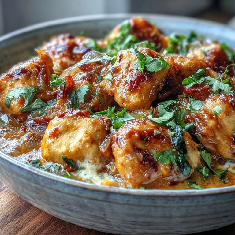 A comforting, homemade Easy Chicken Curry features tender chicken pieces in a vibrant, aromatic spice sauce, steaming in a rustic bowl.