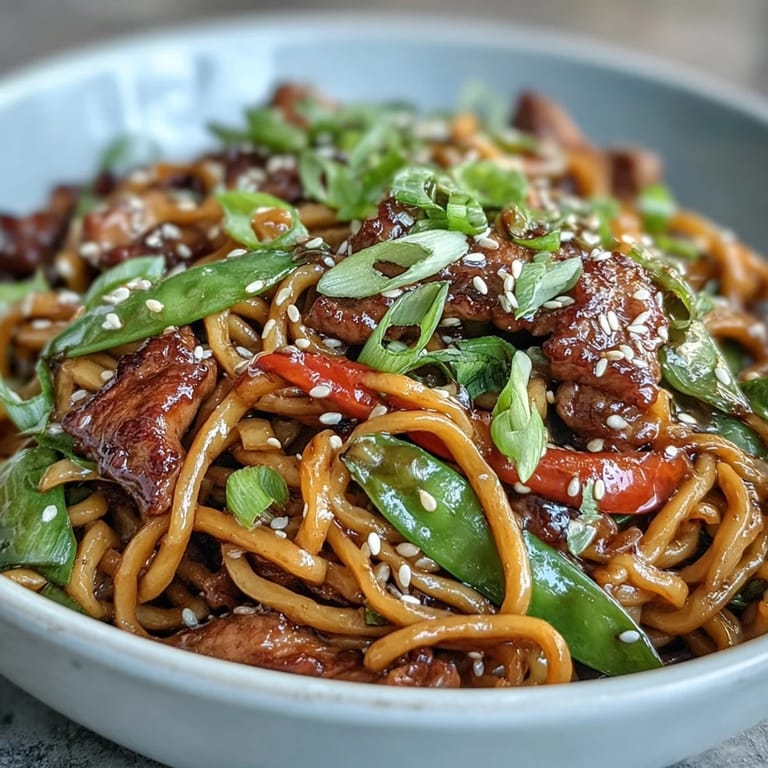 Pork Noodle Stir-Fry is tossed with egg noodles and a glossy sauce in a hot wok, steam rising.