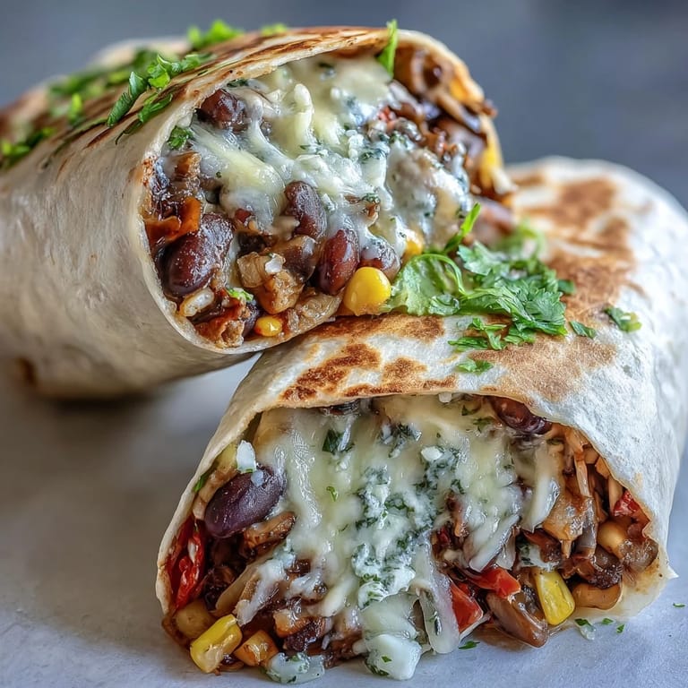 Warm Veggie Burritos topped with creamy avocado slices and a dollop of salsa on a plate.