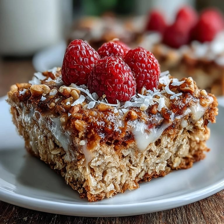 A serving of baked oatmeal with raspberry and coconut topped with extra coconut flakes and a drizzle of maple syrup.