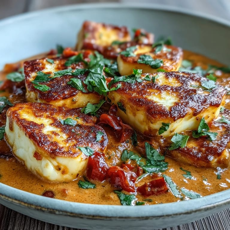 A steaming bowl of Creamy Halloumi and Tomato Curry next to warm naan and lemon wedges on a rustic table.
