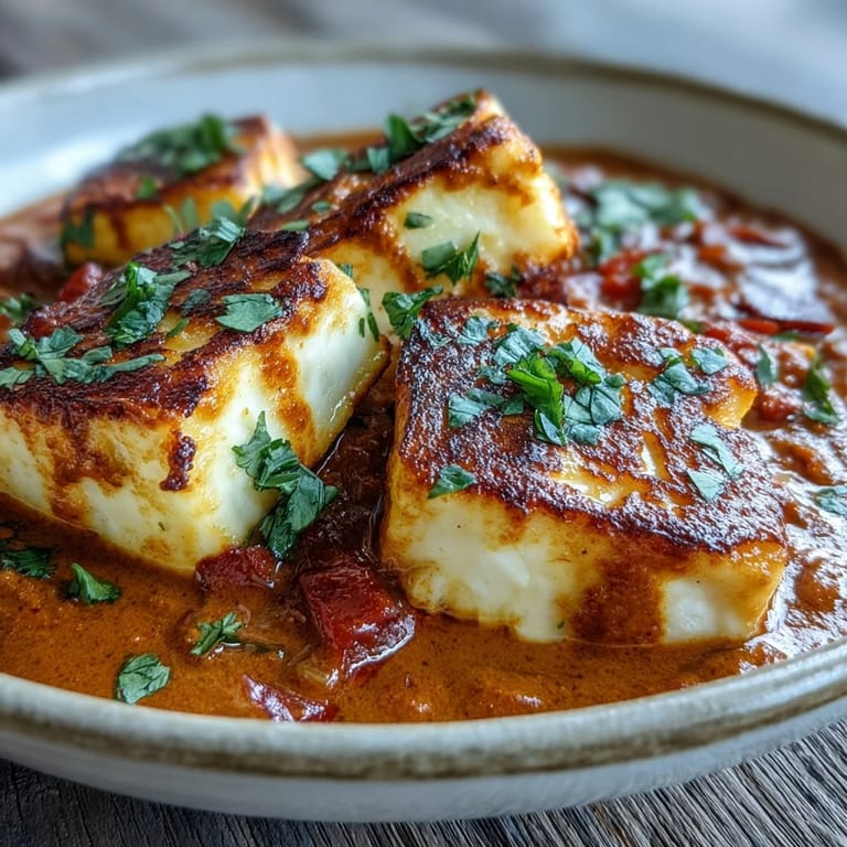 Close-up on silky tomato coconut sauce and golden halloumi pieces, finished with chopped cilantro for a bright pop of green.