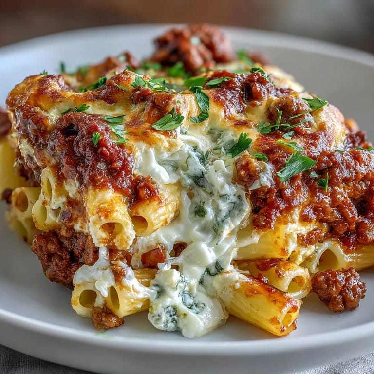 Inside, penne noodles are coated in a hearty beef-tomato sauce and creamy cottage cheese.