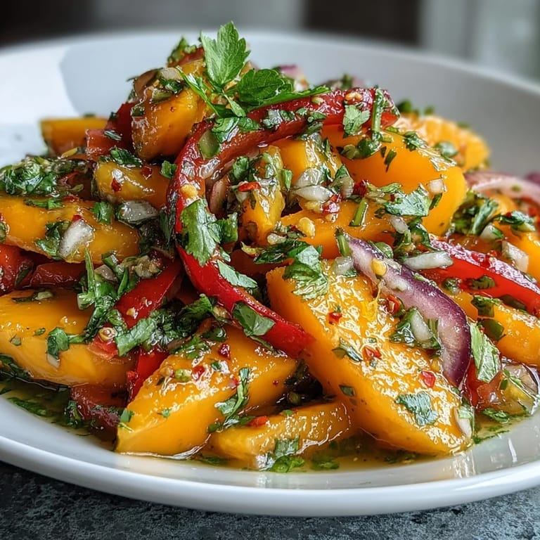 A close-up of the refreshing Thai-inspired mango salad, featuring juicy mango slices and vibrant vegetables glistening with zesty lime dressing.  