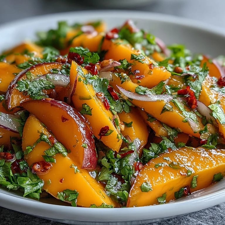 Vibrant Mango Salad with Lime Dressing in a white bowl, garnished with cilantro, ready for a light and spicy lunch.