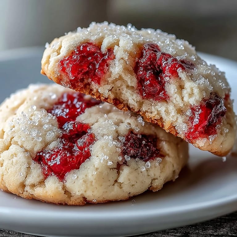 Close-up of soft chewy raspberry sugar cookies with crinkled edges and berries on parchment.